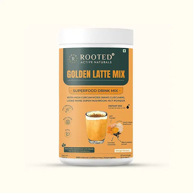 Rooted Actives Golden Latte Turmeric  Mix, 500 gm | with Lion's Mane Mushroom, Nano curcumin, MCT powder 