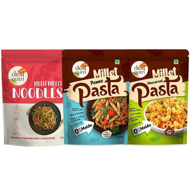 Desi Nutri Millet Penne Pasta 180gms+Macroni Pasta 180gms+Noodles 192gms| No Maida | Goodness of Ragi, Jowar, Bajra & Multi Millets |Rich In Calcium | High Protein | High Fiber | Junk Free