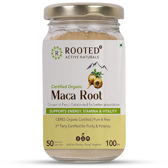 Rooted Actives Maca Root Extract powder (100 g) -Stamina, Virility, Hormonal support| Imported from Peru, Certified Organic, Gelatinised