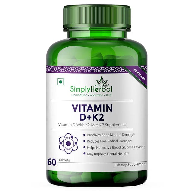 Simply Herbal Vitamin D3 With K2 as Mk7 Supplement, Plant Based Tablets, Strong Immunity & Bones, Blood Circulation, Supports Heart & Health for Men & Women (60 Veg Tablets) 