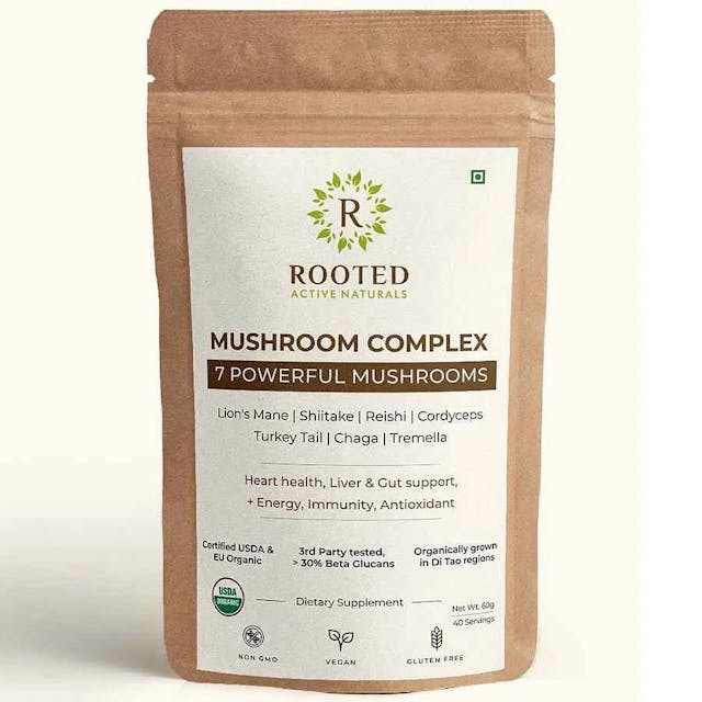 Rooted Actives 7 Mushrooms Complex (60 g) extract powder |  for Heart, Liver, Gut, Energy & Immunity (USDA organic, 30% Beta Glucans