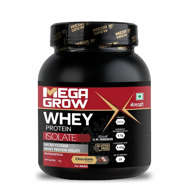 Megagrow Isolate Whey Protein Powder Chocolate Flavor with shaker , Energy 125kcal | 24.5g Protein, 4.7g BCAA - 29 Servings, Pack of 1 Kg