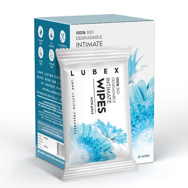 Lubex Natural Intimate Wipes for Pre/Post intimacy cleaning for Women & men - Made with Aloe Vera, Tea Tree & Vitamin E - 25 count