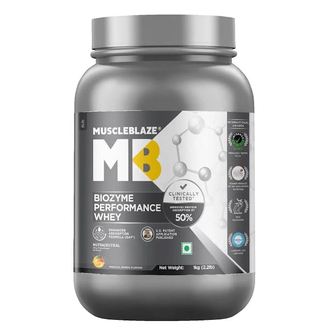 MuscleBlaze MB Biozyme Performance Whey Protein | Clinically Tested 50% Higher Protein Absorption | Informed Choice UK, Labdoor USA Certified & US Patent Filed EAFÂ® (Magical Mango, 1 kg / 2.2 lb)