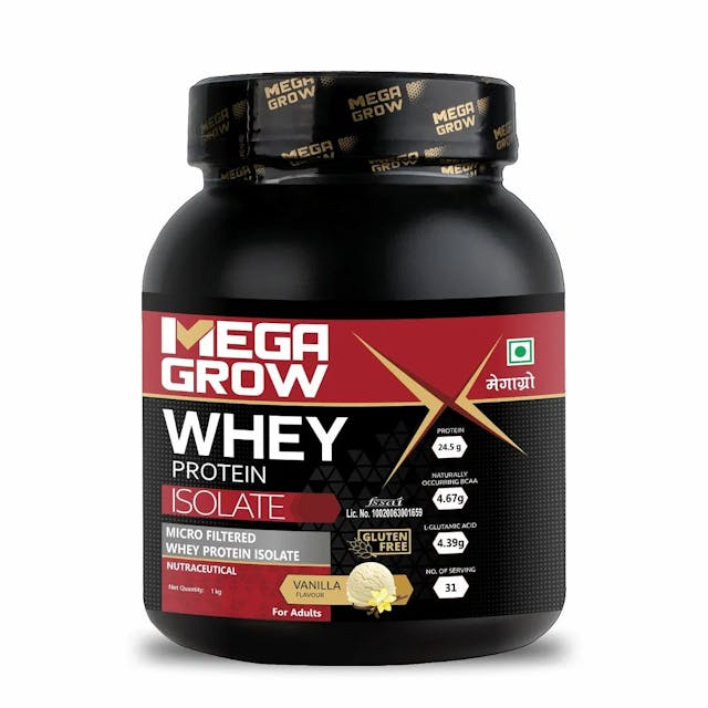 Megagrow Isolate Whey Protein Powder Vanilla Flavored with shaker | Energy 125 kcal | 24.5 g Protein, 4.67 g BCAA - 31 Servings, Pack of 1 Kg