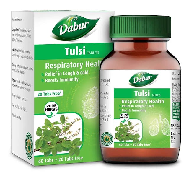 Dabur Tulsi Tablets for Respiratory Health - 60 tabs (Get 20 tabs Free)