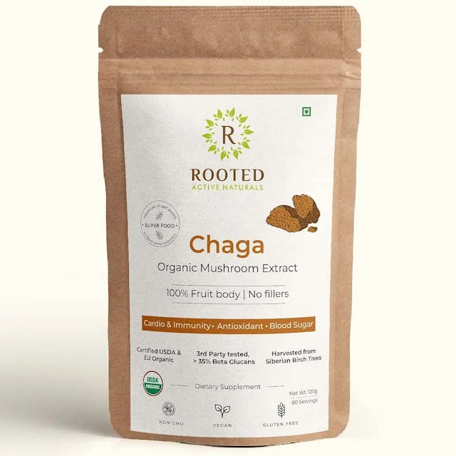 Rooted Actives Siberian Chaga mushroom Extract  (120 g) |Blood Sugar, Heart & Immunity. USDA Organic, 35% Beta Glucans 