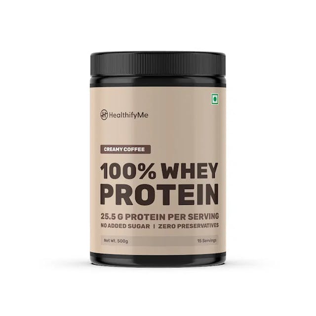 Healthifyme 100% Whey Protein Blend | 25.5gm protein, 5.6gm BCAA | With Digestive Enzymes | No added Sugar or Artificial Sweeteners | Zero Preservatives (Creamy Coffee) - 500g