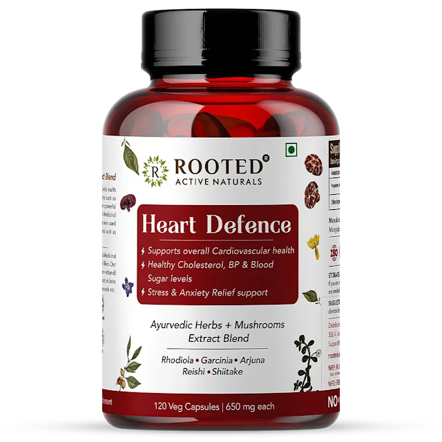 Rooted Actives Heart Defense for Cardiovascular, Blood Pressure, Cholesterol, Blood Sugar support |Mushrooms + Herbs Extract Blend |120 Veg Caps of 650 mg each