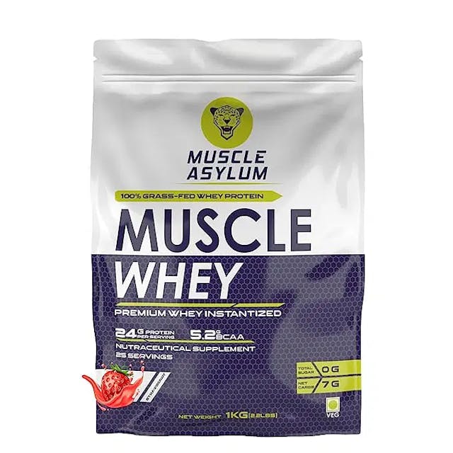 Muscle Asylum Premium 100% Whey Protein, 24g Protein, 5.2g Bcaa, For Muscle Building & Recovery ,25 Servings (Strawberry)-1kg (2.2 lbs), Bag