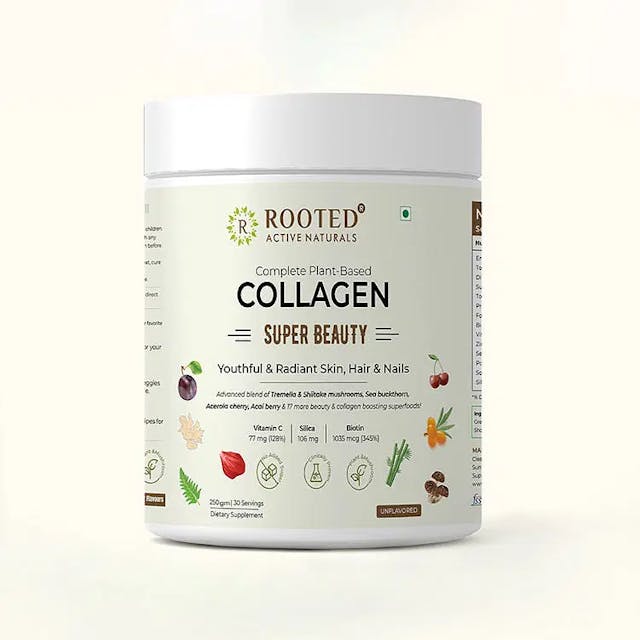 Rooted Actives Plant Based Collagen Supplement, 250 g  with Tremella mushrooms, Biotin, Silica, Vit C & 17 beauty boosters. No Sugar, for Women & Men