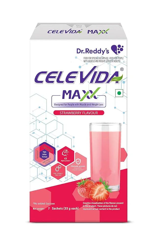 Dr. Reddy’s Celevida Maxx - High-Protein and Immunity Supplement to support muscle health and immunity | Strawberry Flavour | (7 sachets x 33g)