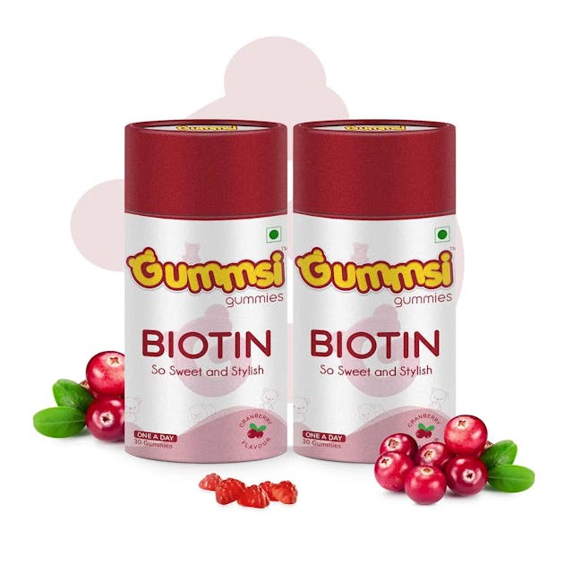 Gummsi Biotin Hair Gummies for Stronger, Shinier Hair & Nails | 30 Day Pack | With High Potency Biotin, Zinc, Folic Acid | Cranberry Flavored | No Added Sugar | (Pack Of 2, 30 Gummies Each)