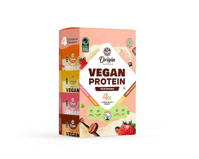 Origin Nutrition 100% Natural Vegan Plant Protein Powder, Multi Flavour Pack (Chocolate, Strawberry, Vanilla and Coffee Caramel)