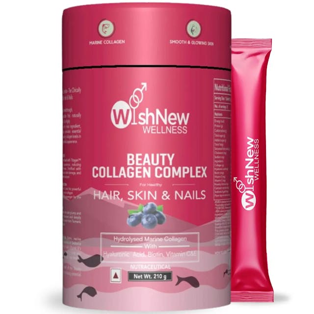 WishNew Wellness BEAUTY COLLAGEN COMPLEX, 21 Servings | Berry Flavor | Nourishment for Healthy Hair, Skin & Nails | 1 Sachet (10g) Daily