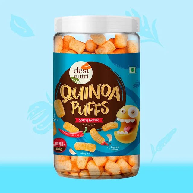 Desi Nutri Quinoa Puffs Spicy Garlic | Ready to Eat Quinoa Puffs Spicy Garlic | Quinoa Puffs Spicy Garlic Snacks | Quinoa Puffs Snacks | Quinoa Puffs Spicy Garlic - 60 GMS | Rich in Iron & Protein