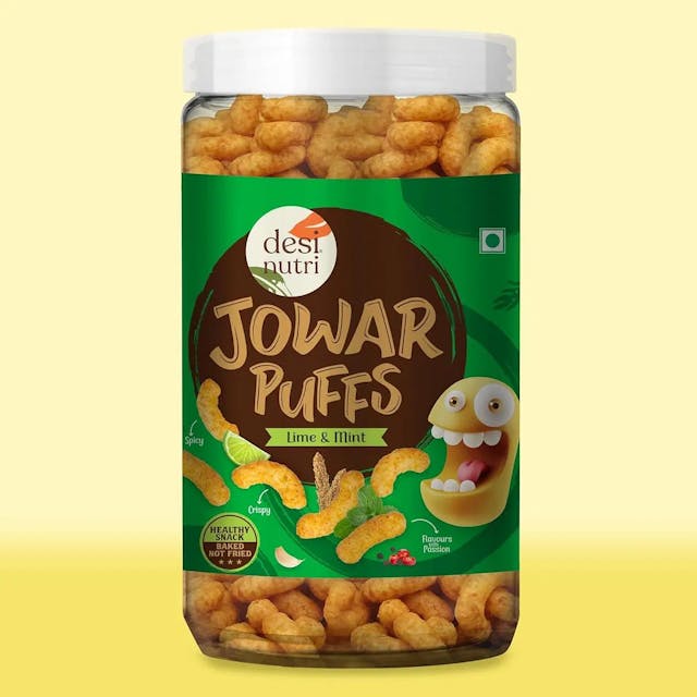 Desi Nutri Jowar Puffs Lime&Mint 60g(Gluten Free, Baked not Fried) | Source of Iron |High in Protein | Healthy Tasty Snacks | Millet Snack | 100% Veg| No added Sugar | No Trans-Fat | Pack of 1