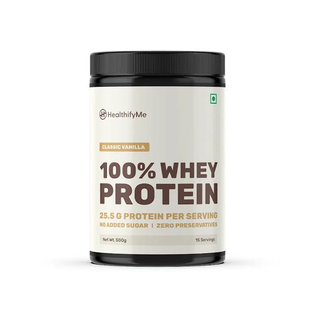 Healthifyme 100% Whey Protein Blend | 25.5gm protein, 5.6gm BCAA | With Digestive Enzymes | No added Sugar or Artificial Sweeteners | Zero Preservatives (Classic Vanilla) - 500g