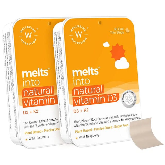 Wellbeing Nutrition Melts Natural Vitamin D3 + K2 (MK-7) with Organic Virgin Coconut Oil & Astaxanthin Plant-Based & Vegan Immunity Heart Muscle Bone and Cellular Protection (30 Oral Strips Pack of 2)