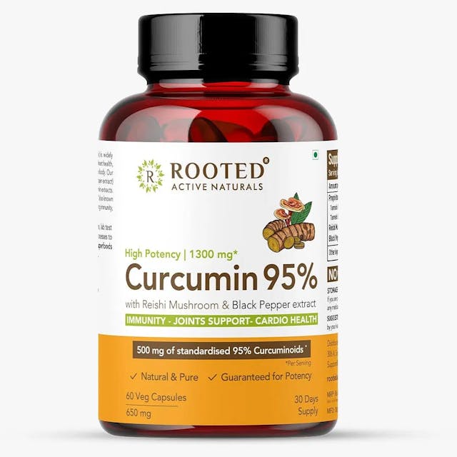 Rooted Actives Turmeric Curcumin (95%) with Reishi Mushroom extract (for better absorbtion)1300mg, for Immunity, Joints Cardio Health| 60 VEG Capsules, 650 Mg each