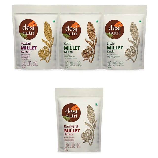 Desi Nutri Multi Millet Buy 3 & Get 1 FREE (Buy Foxtail + Little + Kodo & Get Barnyard FREE) | Millets | Millet Combo Offers | Rich in Fiber and Protein | Siridhanya Millets | Sri Anna | Sree Anna