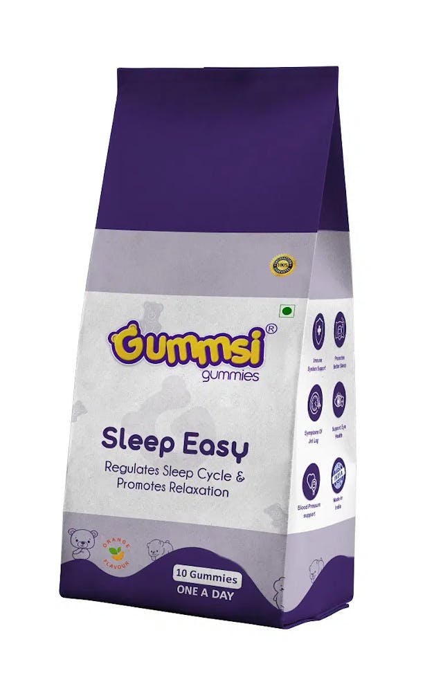 Gummsi Sleep Easy Gummies for Sleep With Muscle Recovery & Nerve Relaxation | Orange Flavor | Non Habit Forming Melatonin Gummies | 100% Veg for Stress Relief | 10 Gummies
