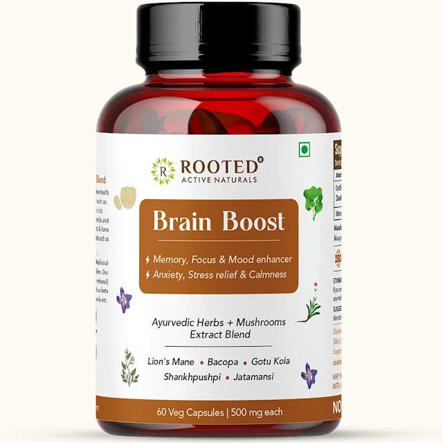 Rooted Actives Brain Boost supplement for Focus, Memory, Brain wellness | 60 Veg Caps of 500 mg each. Lions Mane mushroom with brain boosting herbs