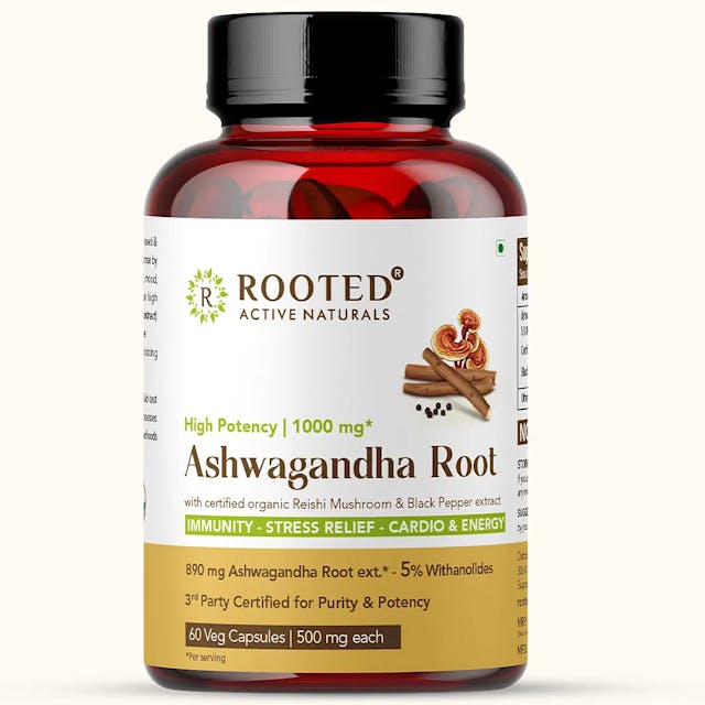 Rooted Actives Ashwagandha extract (5% Withanolides, 60 Caps, 500 mg ) with Reishi & Black pepper extract |Stress Relief,Cardio & Energy,Immunity,Liver support