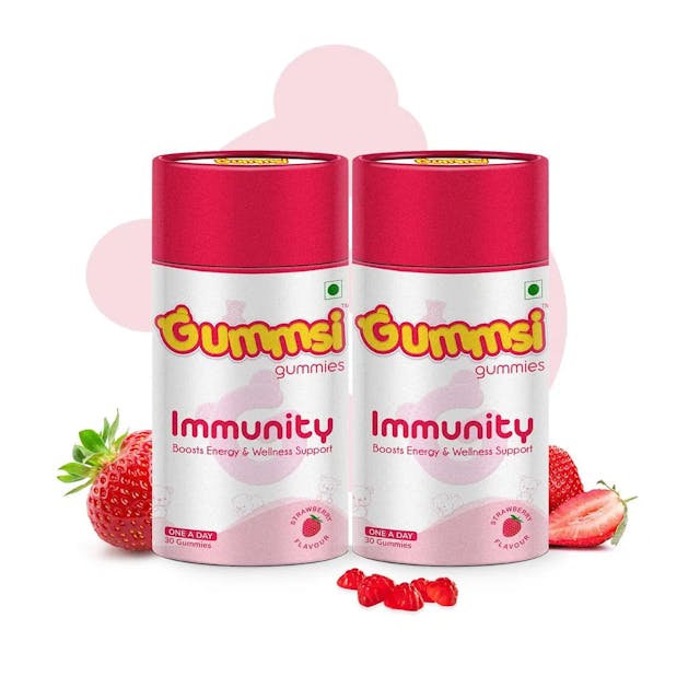 Gummsi Immunity Gummies | No Sugar Added | Strawberry Flavour | Boosts Immunity, Bone Density & Eyesight | For Men & Women (Pack Of 2, 30 Gummies Each)