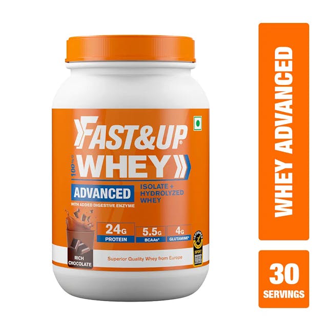 Fast & Up Whey Advanced,24g Protein with Isolate+Hydrolysed, Banned Substance Free Whey Protein (912 g, Rich Chocolate)