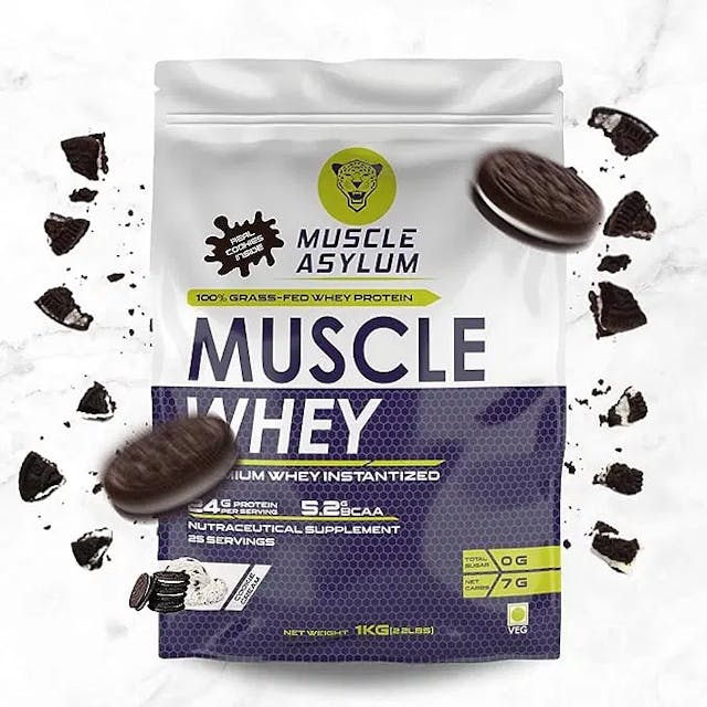 Muscle Asylum Premium  100% Whey Protein 24g Protein, 5.2g Bcaa For Muscle Building & Recovery, 25 Servings (Cookie Cream With Real Cookies Inside)-1kg (2.2 lbs), Bag