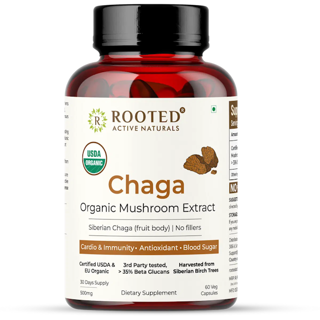 Rooted Actives Siberian Chaga mushroom Extract  (60 Caps, 500 mg) |Blood Sugar, Heart & Immunity. USDA Organic, 35% Beta Glucans 