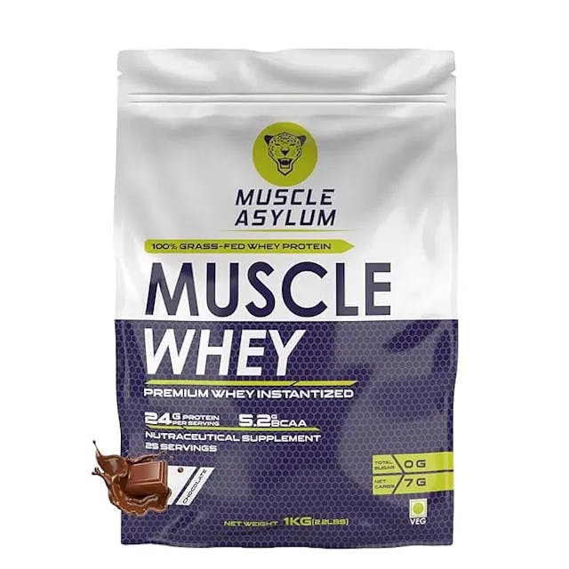 Muscle Asylum Premium 100% Whey Protein, 24g Protein, 5.2g Bcaa, For Muscle Building & Recovery ,25 Servings (Double Chocolate)-1kg (2.2 lbs), Bag