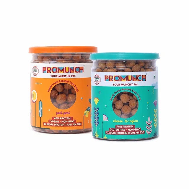 PROMUNCH Roasted SOYA Snack | High-Protein | Healthy | Gluten-Free | Pack of 2, Flavour: Peri-Peri and Cheese & Onion - 150G Each