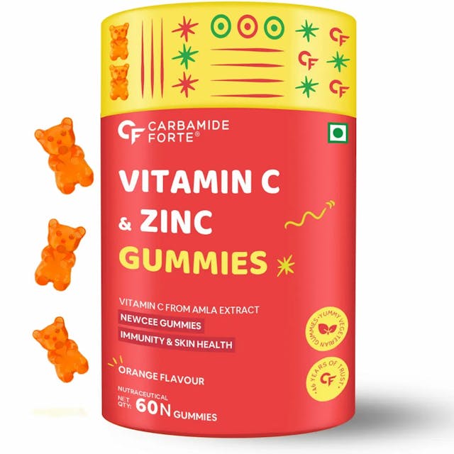 Carbamide Forte Vitamin C Gummies with Zinc for Men, Women & Kids | Natural Immunity Booster, Antioxidant, Heart, Hair, Skin & Collagen Builder â€“ 60 Veg Gummies