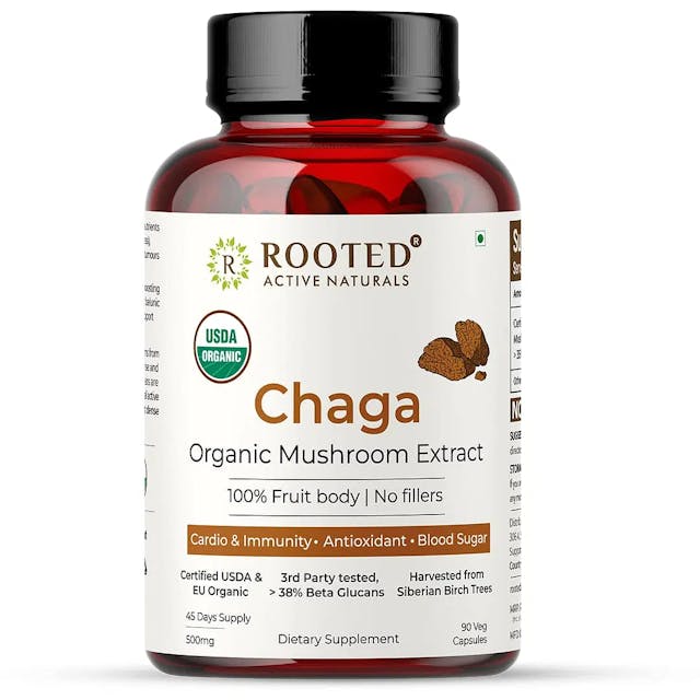 Rooted Actives Siberian Chaga mushroom Extract (90 Caps, 500 mg) |Blood Sugar, Heart & Immunity. USDA Organic, 35% Beta Glucans
