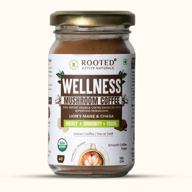 Rooted Actives Wellness Muhroom Coffee (100 g), Instant Arabica coffee with Superfood Mushrooms (lion's Mane & Chaga - 20%) |Focus, Energy, Immunity & Heart health