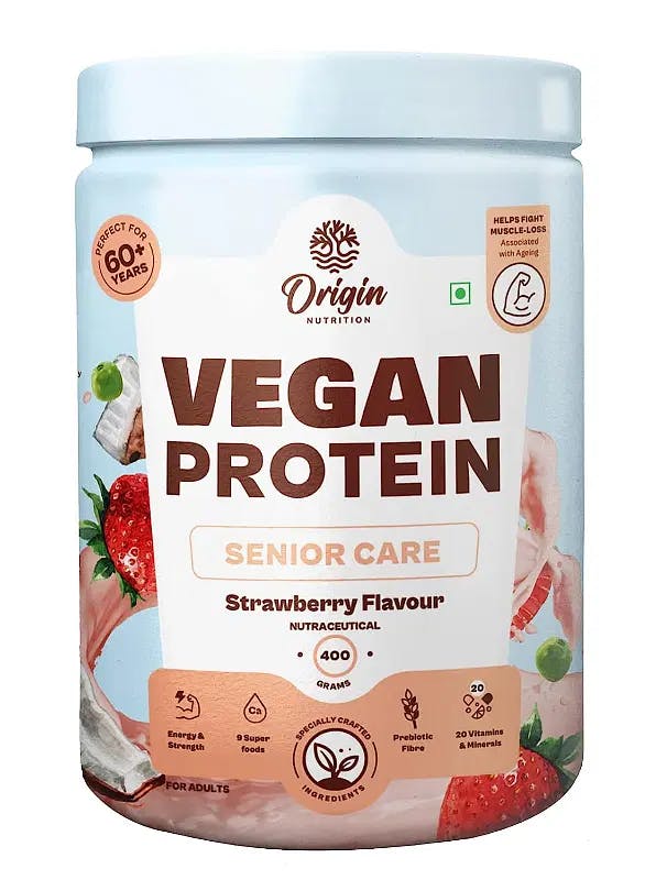 Origin Nutrition Senior Elder Care Plant Protein Powder | For Healthy Ageing | 20 Vitamins & Minerals | 9 Superfoods Ayurvedic Herbs | Easy to Digest | No Preservatives | Strawberry, 400g