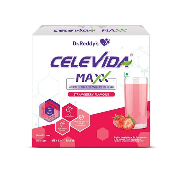 Dr. Reddy’s Celevida Maxx - High-Protein and Immunity Supplement to support muscle health and immunity | Strawberry Flavour  | 462 gms (14 sachets x 33g)