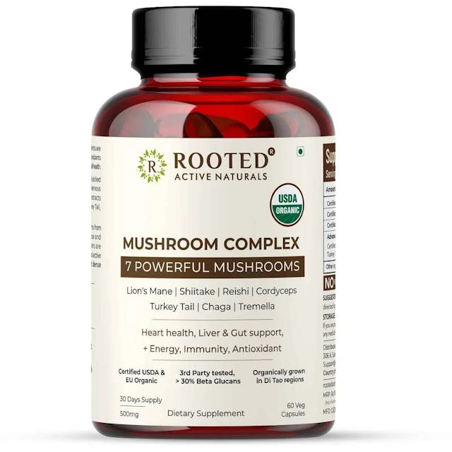 Rooted Actives 7 Mushrooms Complex (60 Veg Caps, 500 mg) |  for Heart, Liver, Gut, Energy & Immunity (USDA organic, 30% Beta Glucans