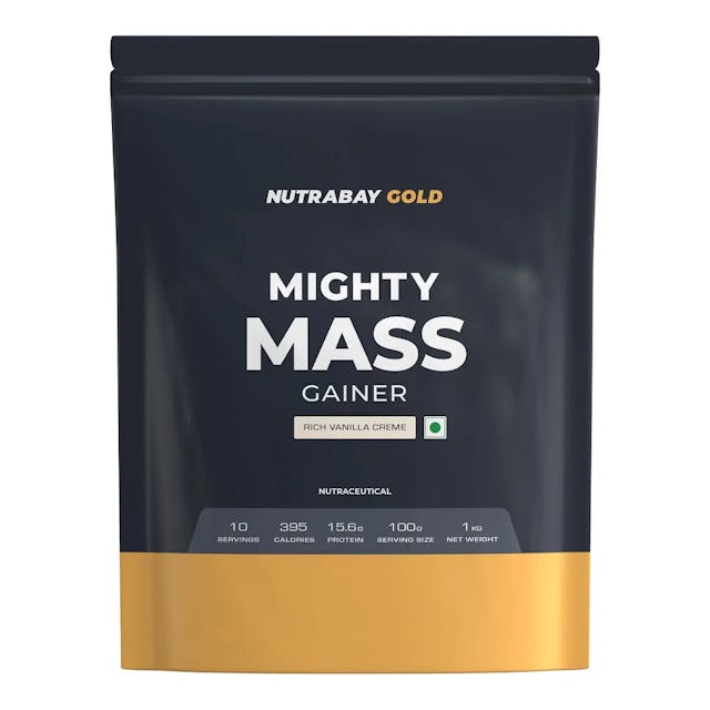 Nutrabay Gold Mighty Mass | Weight Gainer Supplement Powder with Whey Protein & Essential Vitamins Minerals | High Protein, High Calories - Pack of 1Kg, Rich Vanilla Crème