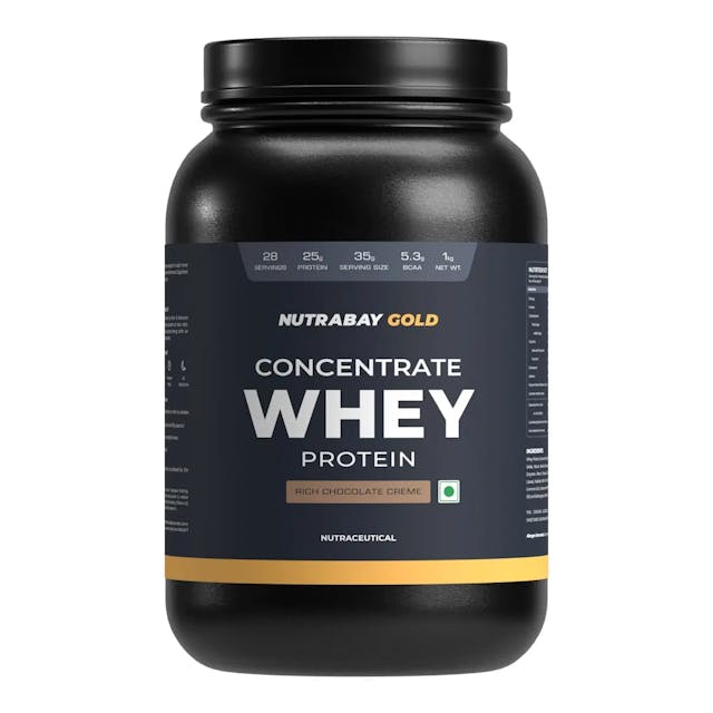 NUTRABAY Gold 100% Whey Protein Concentrate with Digestive Enzymes - 1Kg, 30 Servings | 25g Protein, 5.3g BCAA, 3.9g Glutamic Acid| Muscle Growth & Recovery | Gym Supplement for Men & Women