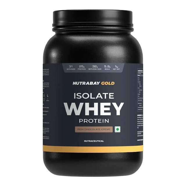 NUTRABAY Gold 100% Whey Protein Isolate with Digestive Enzymes - 1Kg 33 Servings | 25g Protein, 5.8g BCAA, 4.3g Glutamic Acid| Muscle Growth & Recovery | Gym Supplement for Men & Women
