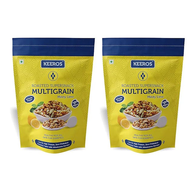 Keeros Multigrain Minty Lime, Healthy, Sugar Free Low GI Diabetic Snacks | Ready to Eat Crispy & Tangy Mix of Roasted Pearl Millets & 5 supergrains | Namkeen & Snacks for Weight Loss | Pack of 2x200g
