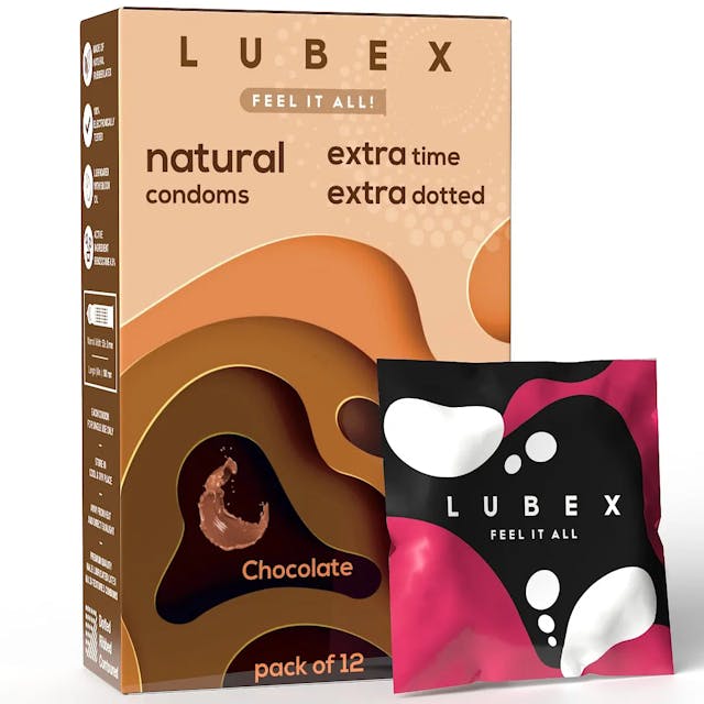 Lubex 6 in 1 Extra Time Condoms - Long Lasting with Disposable Bags - Ultra Thin & Extra Dotted - Chocolate Flavour