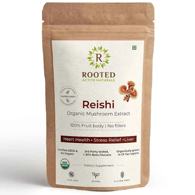 Rooted Actives Reishi mushroom Extract Powder | Heart health, Stress Relief, Liver.  supportUSDA Organic, 30% Beta Glucans
