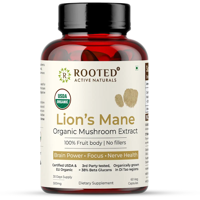 Rooted Actives Lions Mane mushroom Extract | Memory, Focus, Brain Powder & Nerve Health. USDA Organic