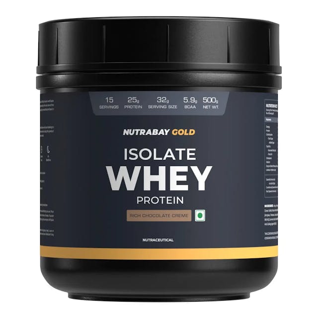 NUTRABAY Gold 100% Whey Protein Isolate with Digestive Enzymes - 500g 16 Servings | 25g Protein, 5.8g BCAA, 4.3g Glutamic Acid| Muscle Growth & Recovery | Gym Supplement for Men & Women