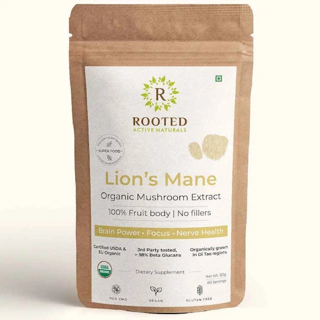 Rooted Actives Lions Mane mushroom Extract | Memory, Focus, Brain Powder & Nerve Health. USDA Organic, 38% Beta Glucans