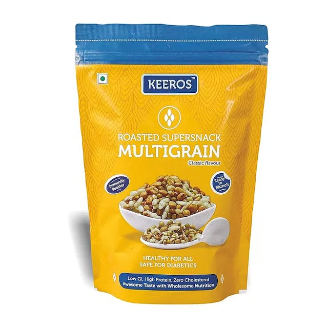 Keeros Multigrain Healthy Sugar Free Snacks Low GI Diabetic Snacks Ready to Eat Tasty Lightly Salted Mix of Roasted Pearl Millets & 5 other Supergrains Diet Namkeen & Snacks for Weight Loss 400g